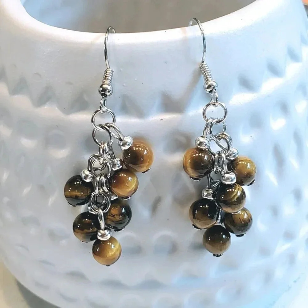 Artisan Tigers Eye Gemstone Bead Dangle Silver Platinum Plated Earrings 39$